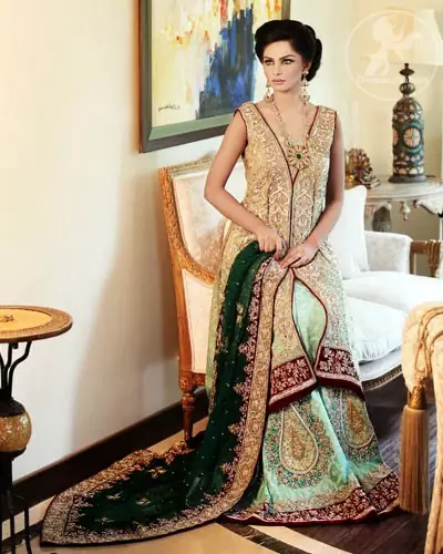 Bridal Dress Light Gold Fully Embellished Gown with Pistachio Green Lehenga & Bottle Green Duppata
